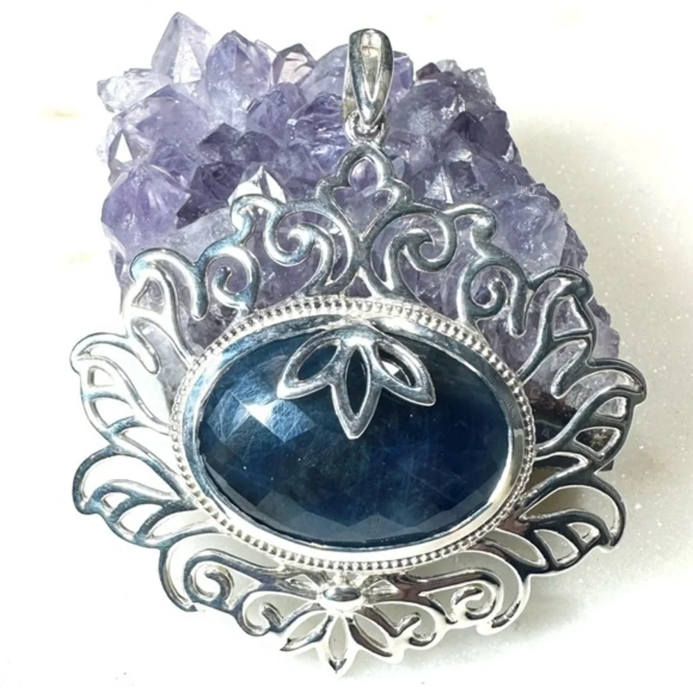 Faceted Oval Rose-cut Fancy Blue Sodalite Solid Sterling Silver Pendant